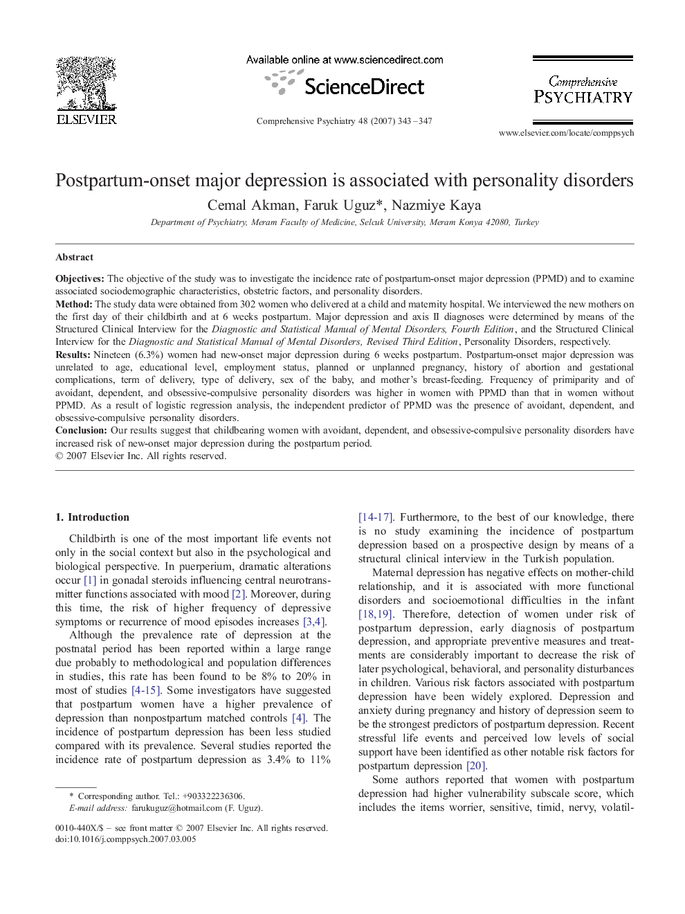 عکس صفحه اول مقاله: Postpartum-onset major depression is associated with personality disorders Postpartum-onset major depression is associated with personality disorders