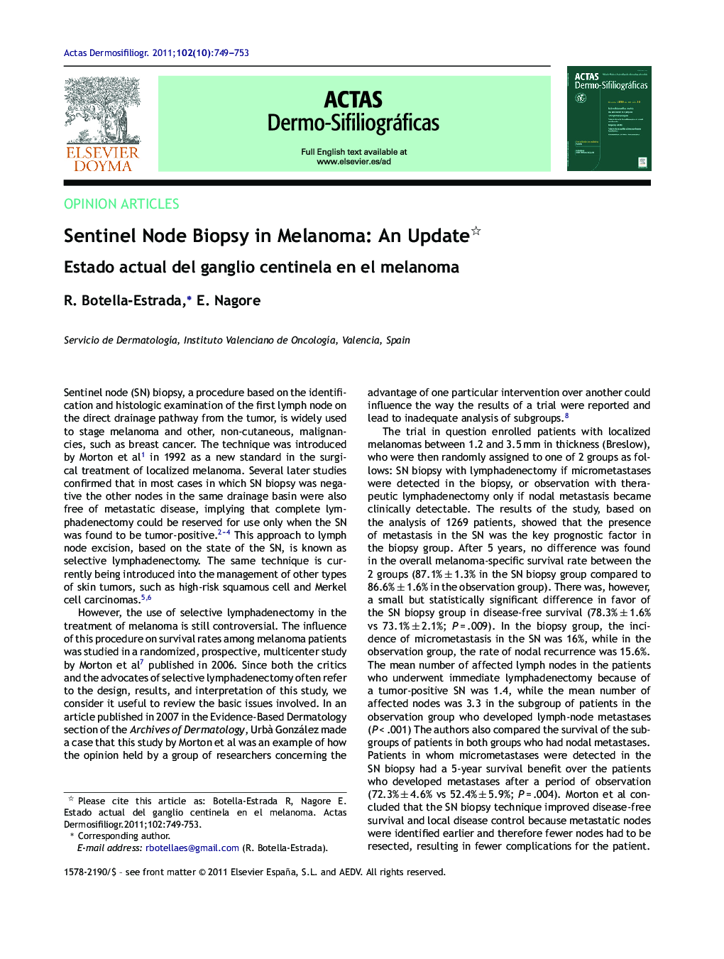 Sentinel Node Biopsy in Melanoma: An Update