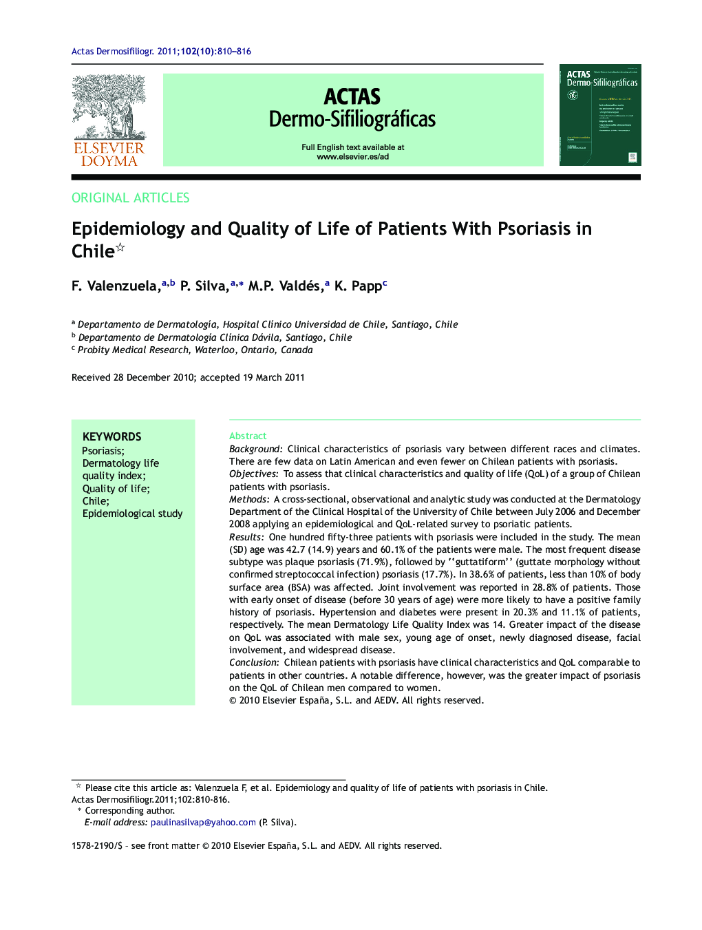 Epidemiology and Quality of Life of Patients With Psoriasis in Chile 