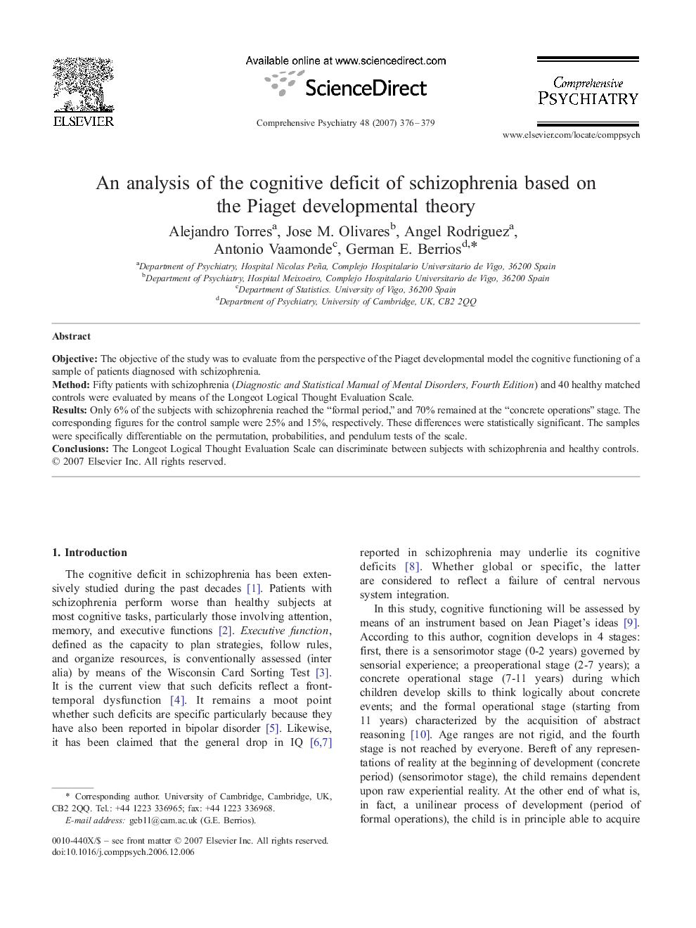 عکس صفحه اول مقاله: An analysis of the cognitive deficit of schizophrenia based on the Piaget developmental theory An analysis of the cognitive deficit of schizophrenia based on the Piaget developmental theory