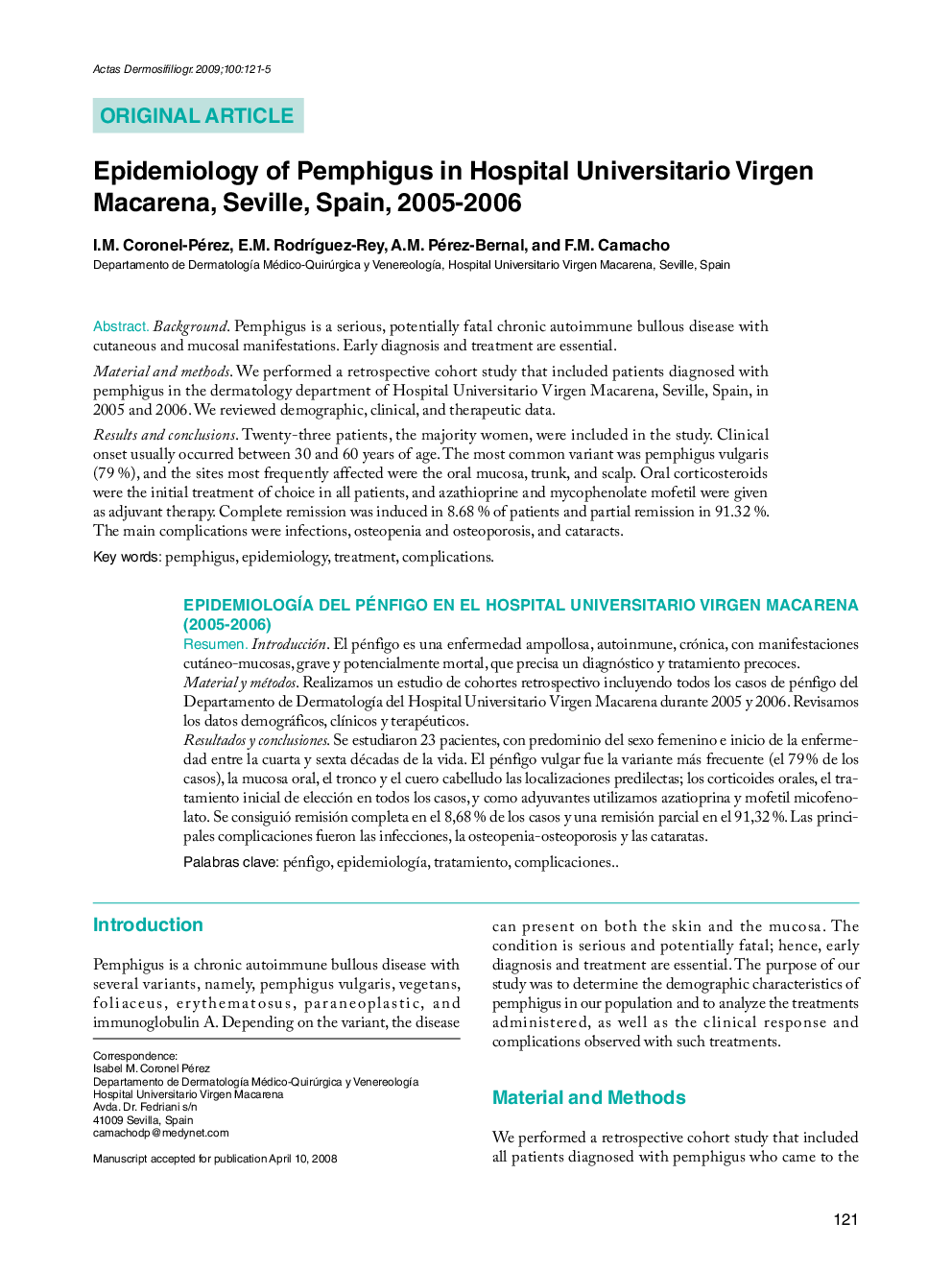 Epidemiology of Pemphigus in Hospital Universitario Virgen Macarena, Seville, Spain, 2005-2006