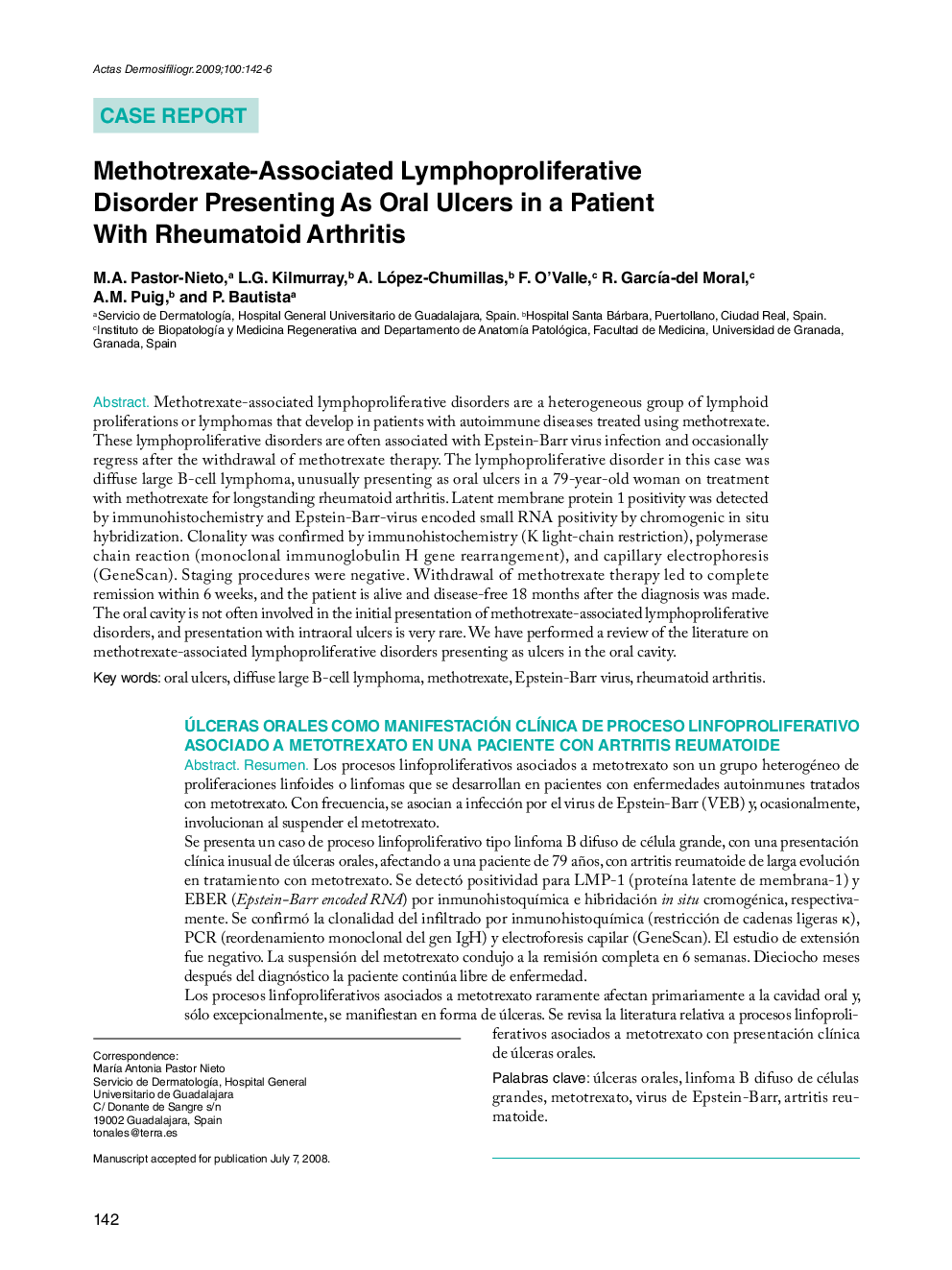 Methotrexate-Associated Lymphoproliferative Disorder Presenting As Oral Ulcers in a Patient With Rheumatoid Arthritis