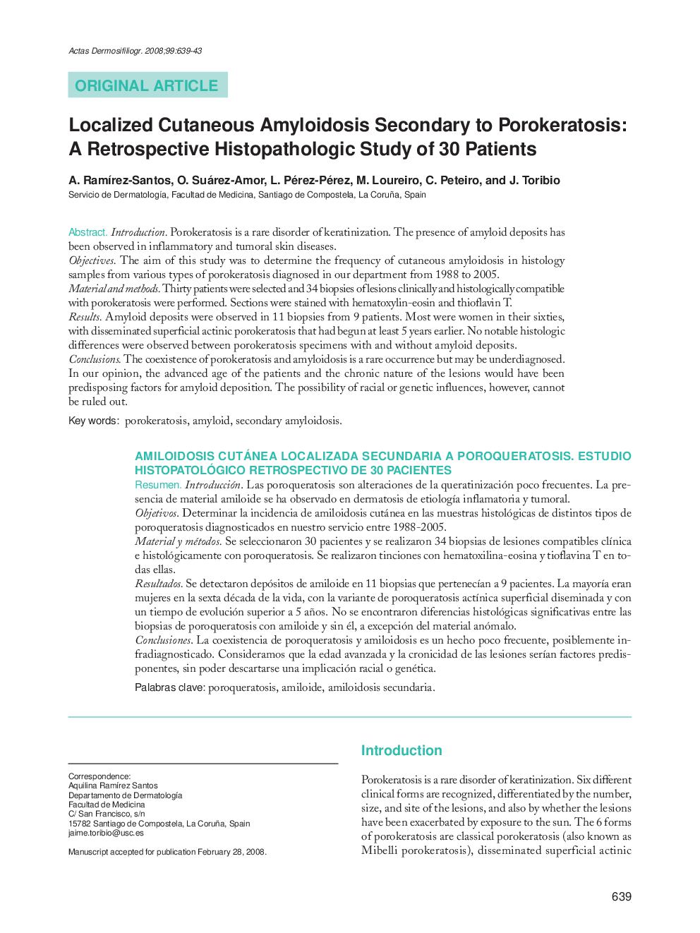 Localized Cutaneous Amyloidosis Secondary to Porokeratosis: A Retrospective Histopathologic Study of 30 Patients