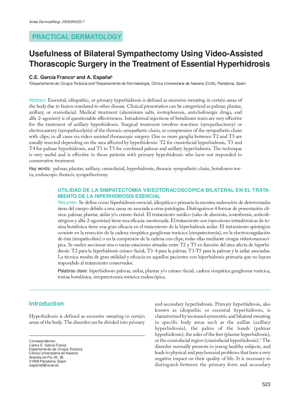 Usefulness of Bilateral Sympathectomy Using Video-Assisted Thorascopic Surgery in the Treatment of Essential Hyperhidrosis