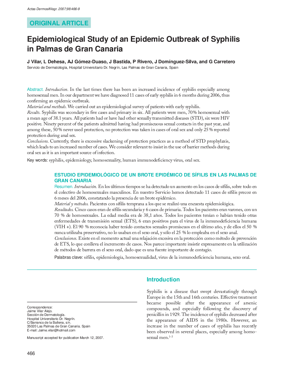 Epidemiological Study of an Epidemic Outbreak of Syphilis in Palmas de Gran Canaria