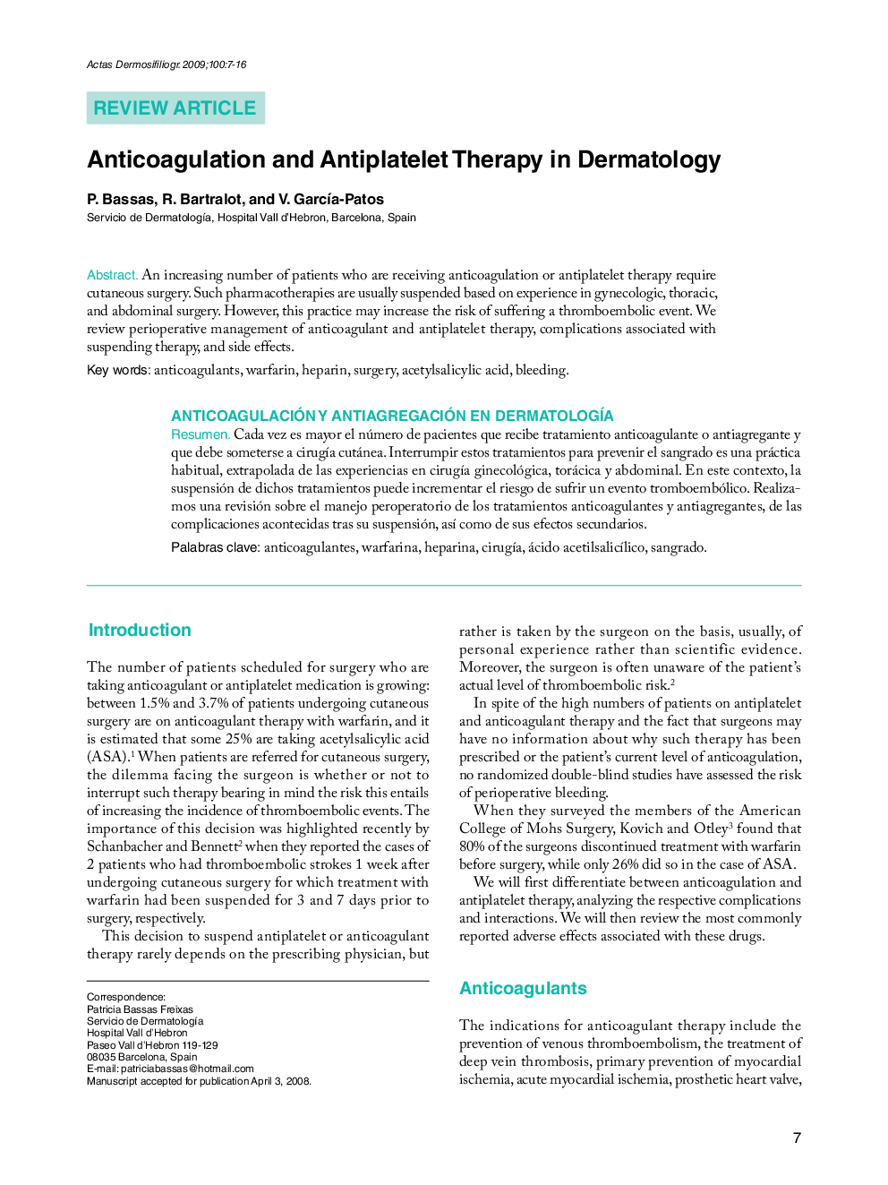 Anticoagulation and Antiplatelet Therapy in Dermatology
