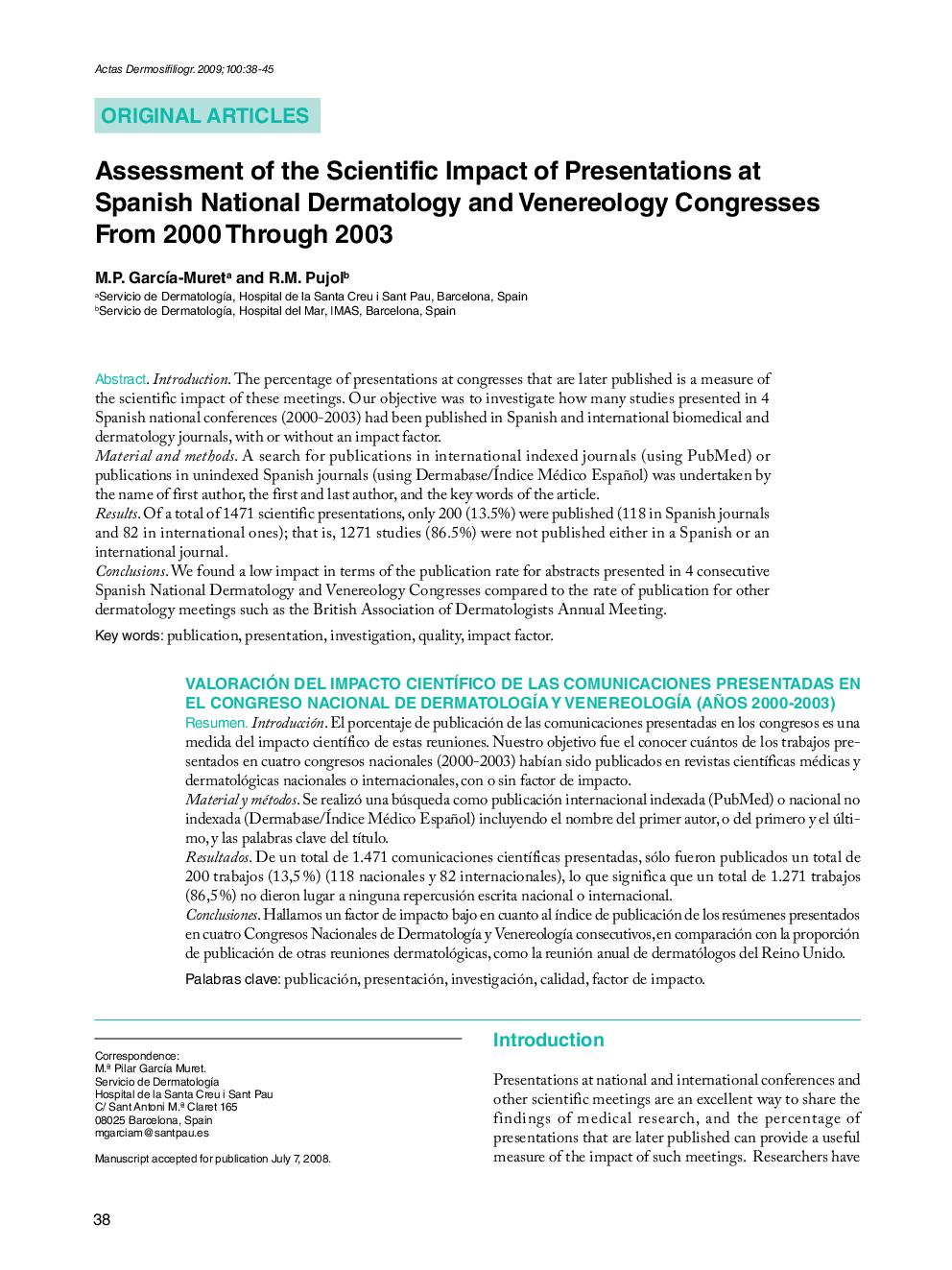 Assessment of the Scientific Impact of Presentations at Spanish National Dermatology and Venereology Congresses From 2000 Through 2003