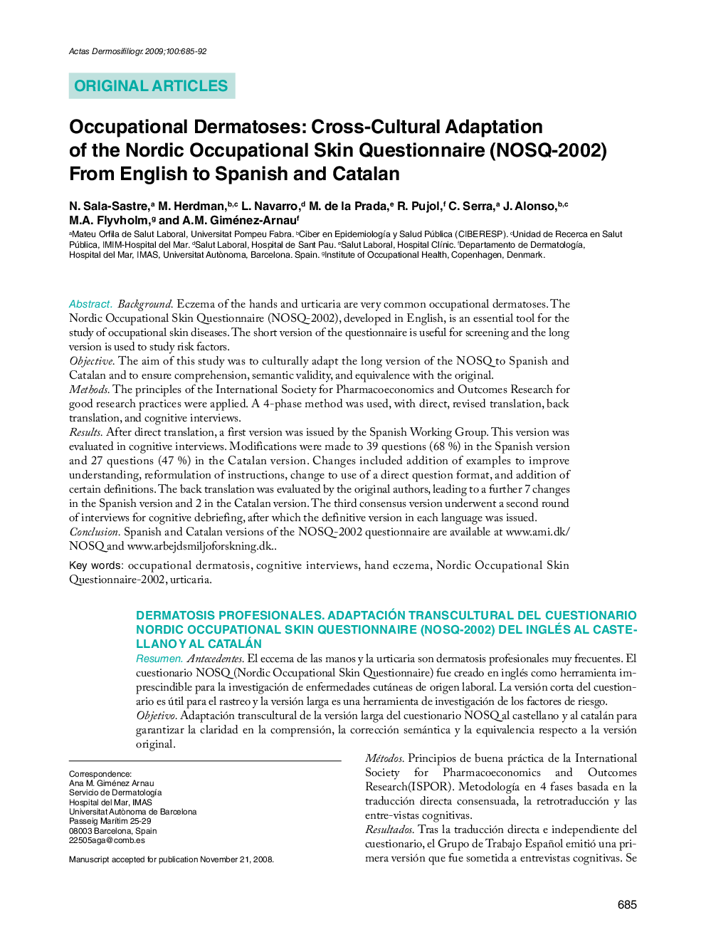 Occupational Dermatoses: Cross-Cultural Adaptation of the Nordic Occupational Skin Questionnaire (NOSQ-2002) From English to Spanish and Catalan