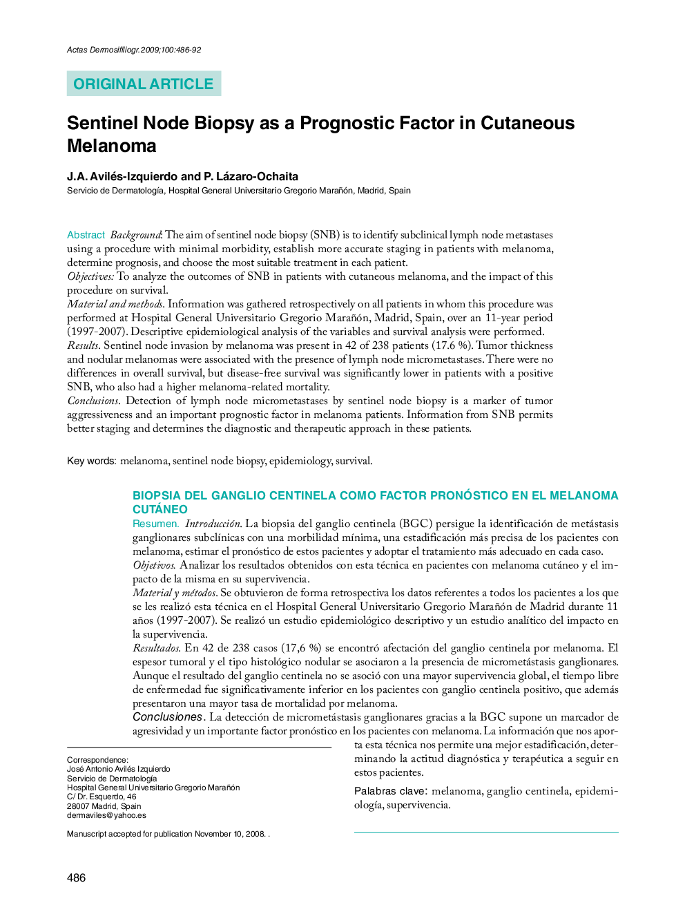 Sentinel Node Biopsy as a Prognostic Factor in Cutaneous Melanoma