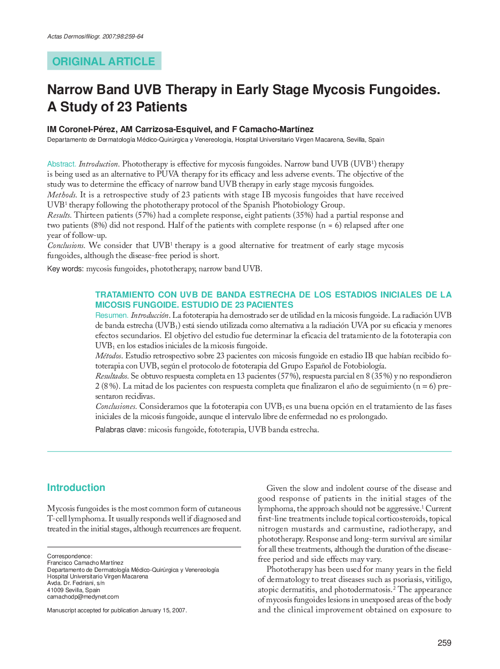 Narrow Band UVB Therapy in Early Stage Mycosis Fungoides. A Study of 23 Patients