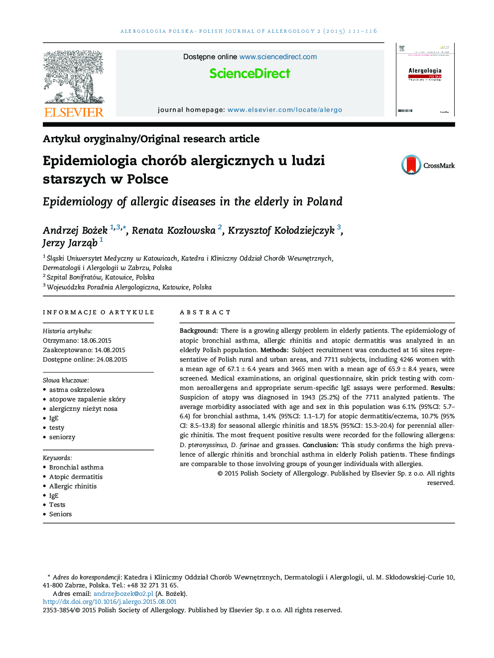 Epidemiologia chorób alergicznych u ludzi starszych w Polsce