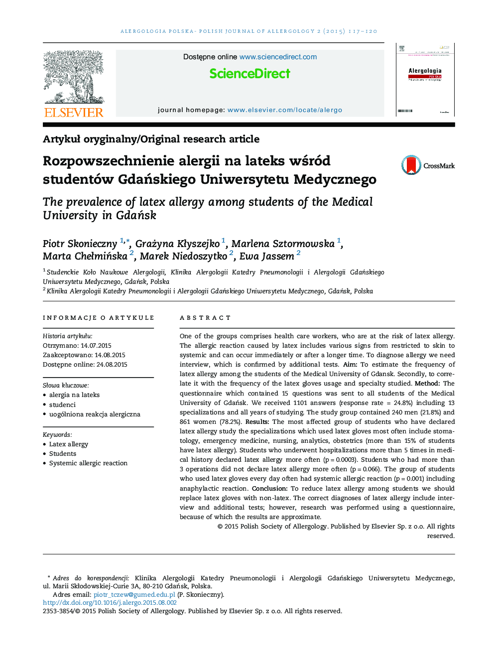 Rozpowszechnienie alergii na lateks wśród studentów Gdańskiego Uniwersytetu Medycznego