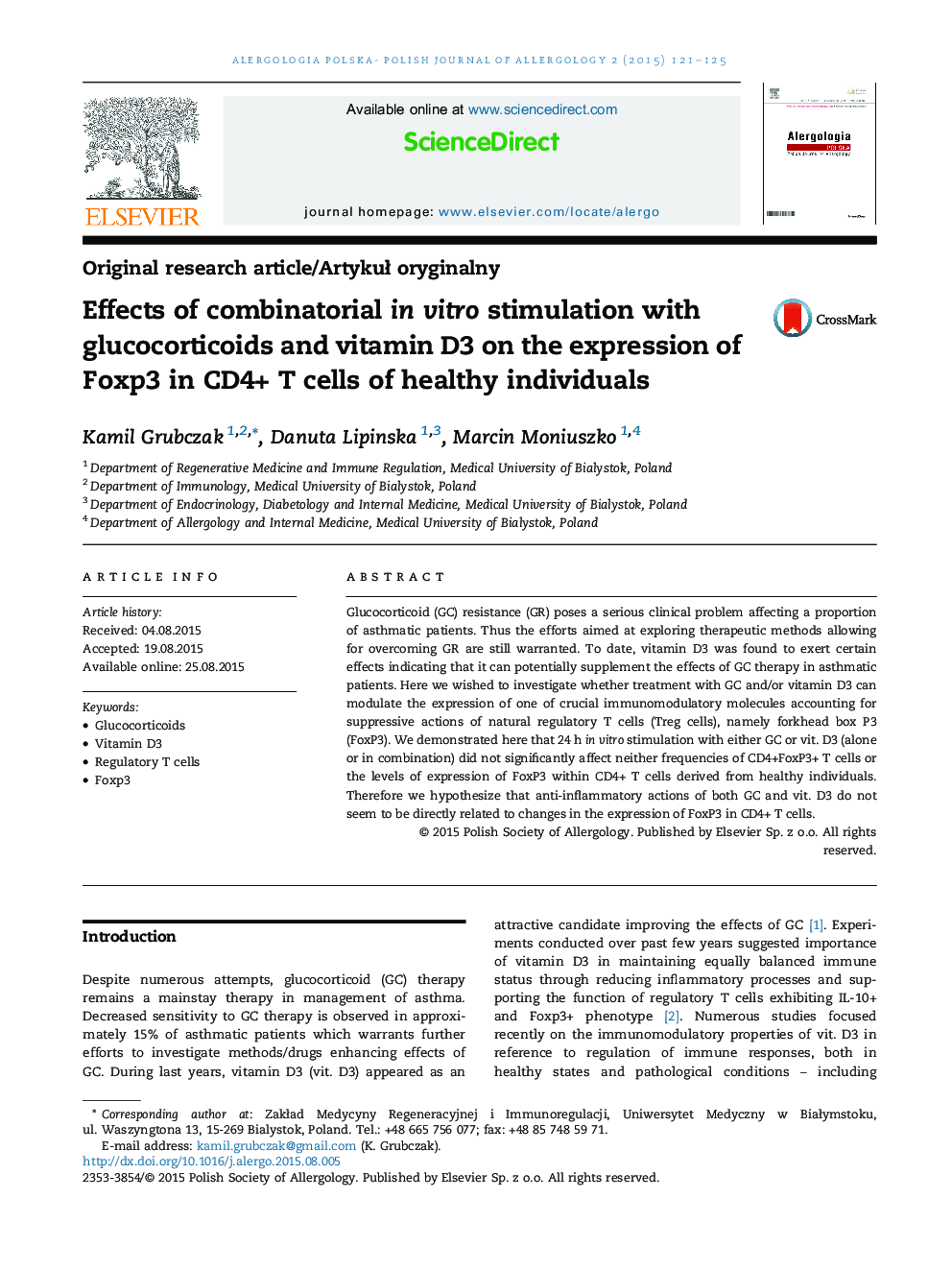 Effects of combinatorial in vitro stimulation with glucocorticoids and vitamin D3 on the expression of Foxp3 in CD4+ T cells of healthy individuals