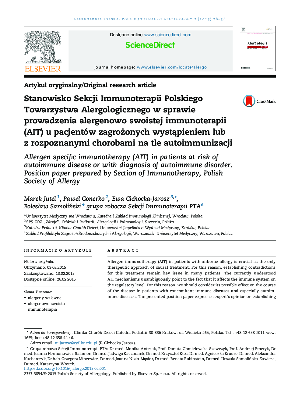 Stanowisko Sekcji Immunoterapii Polskiego Towarzystwa Alergologicznego w sprawie prowadzenia alergenowo swoistej immunoterapii (AIT) u pacjentów zagrożonych wystąpieniem lub z rozpoznanymi chorobami na tle autoimmunizacji