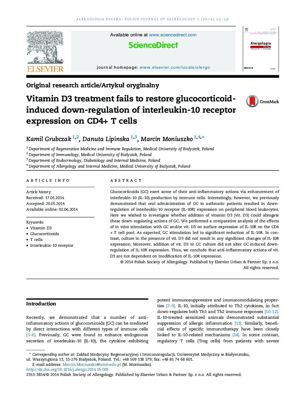 Vitamin D3 treatment fails to restore glucocorticoid-induced down-regulation of interleukin-10 receptor expression on CD4+ T cells