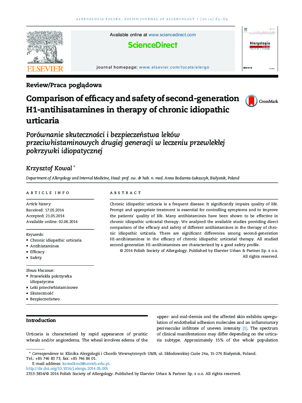 Comparison of efficacy and safety of second-generation H1-antihisatamines in therapy of chronic idiopathic urticaria