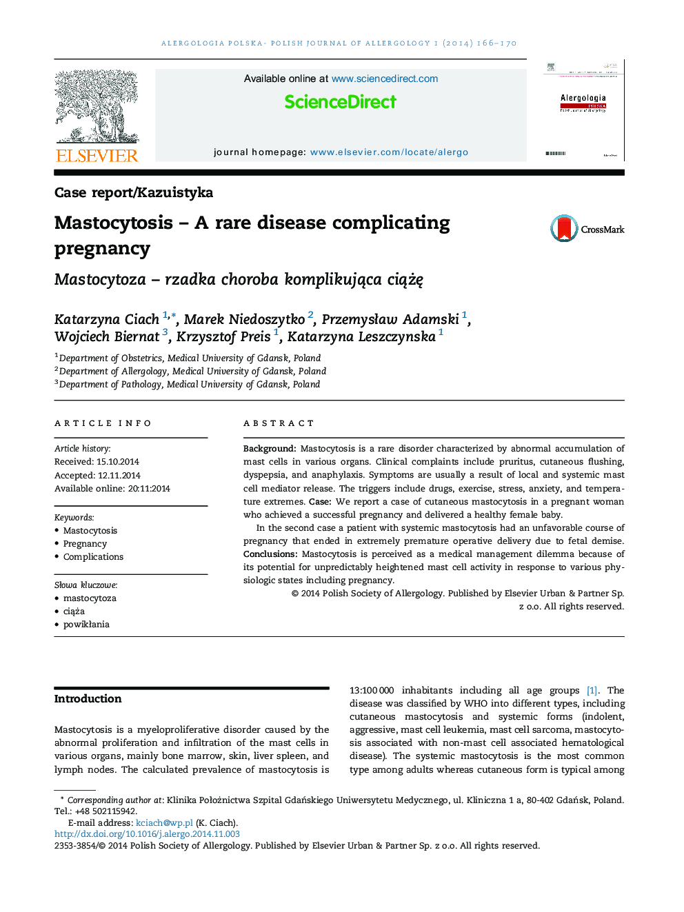 Mastocytosis – A rare disease complicating pregnancy