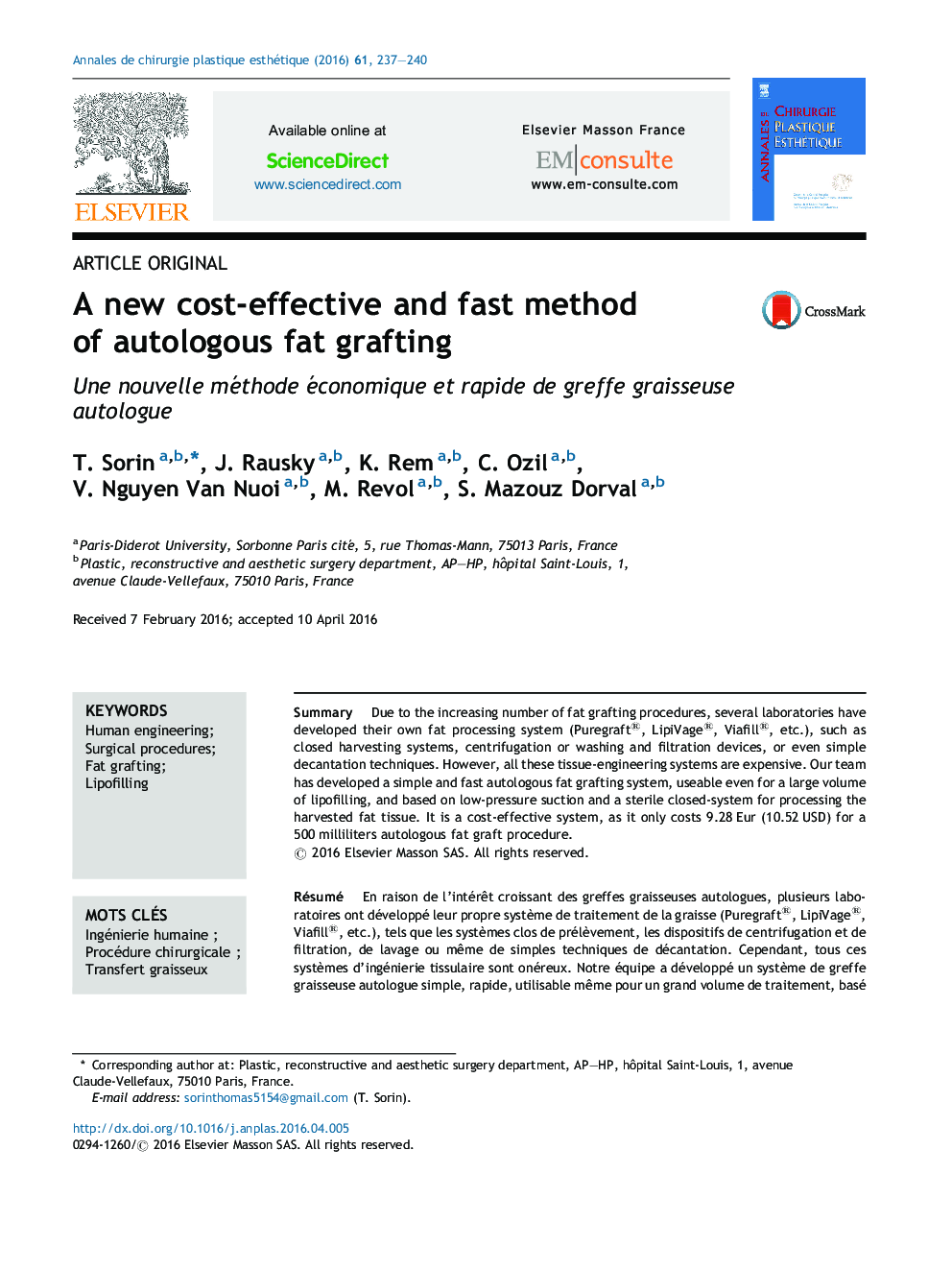 A new cost-effective and fast method of autologous fat grafting