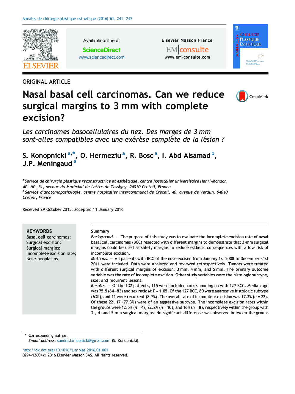 Nasal basal cell carcinomas. Can we reduce surgical margins to 3 mm with complete excision?