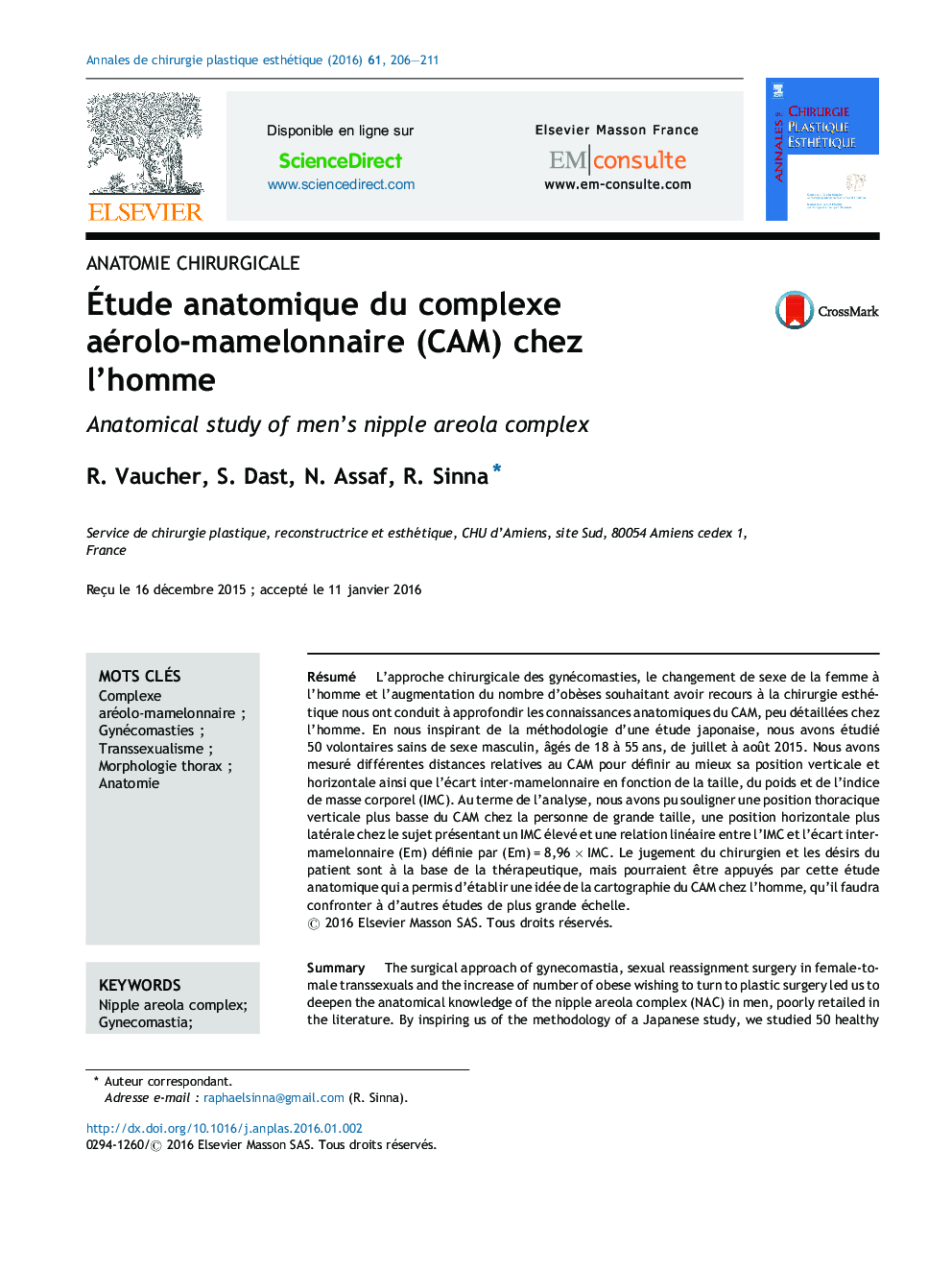 Étude anatomique du complexe aérolo-mamelonnaire (CAM) chez l’homme