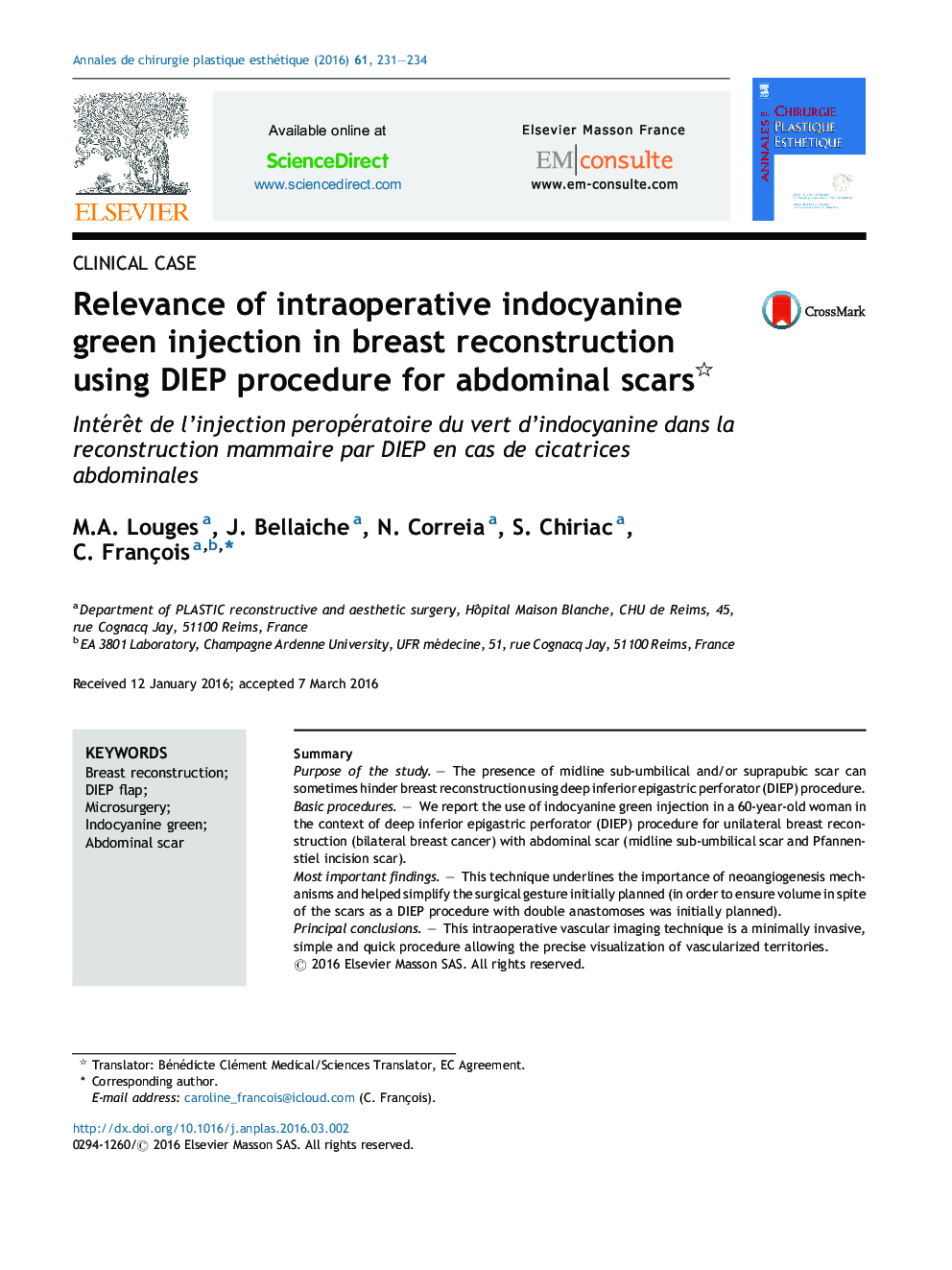 Relevance of intraoperative indocyanine green injection in breast reconstruction using DIEP procedure for abdominal scars 