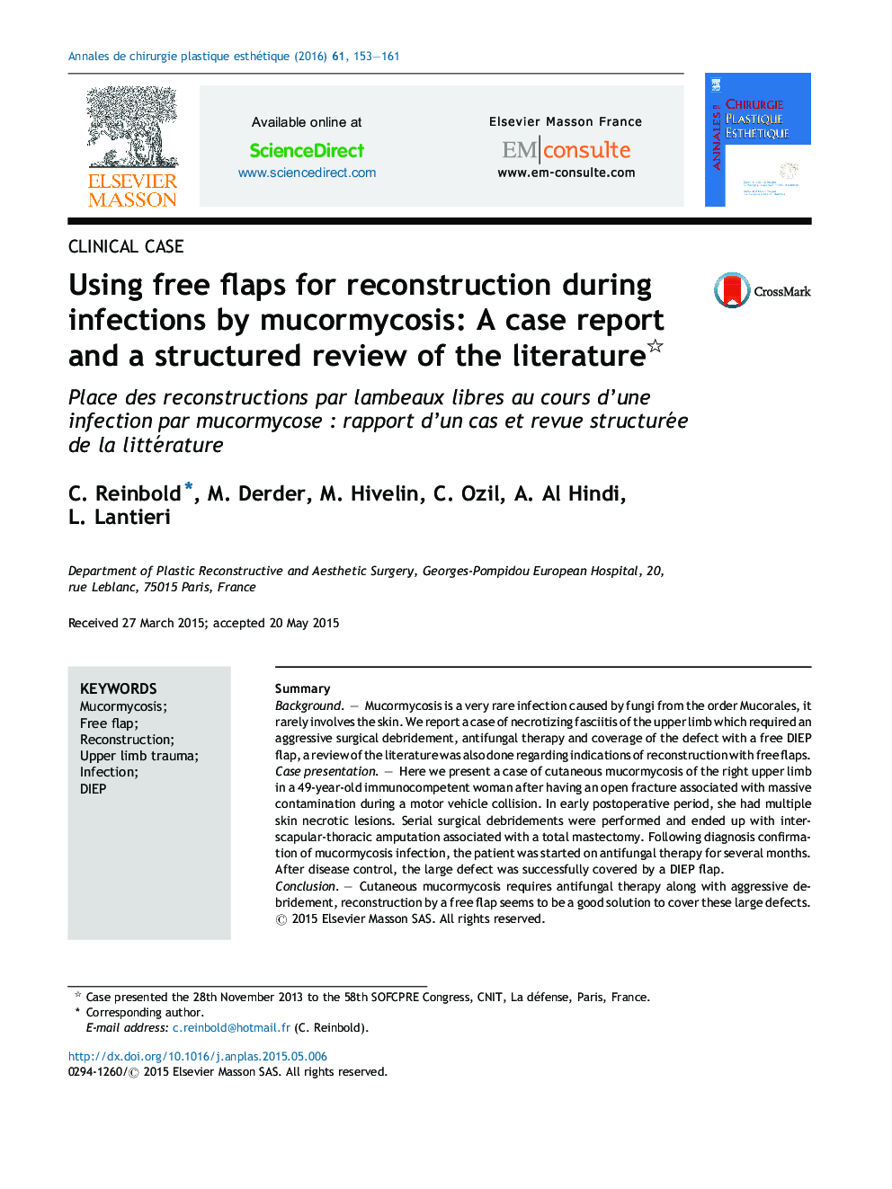 Using free flaps for reconstruction during infections by mucormycosis: A case report and a structured review of the literature 