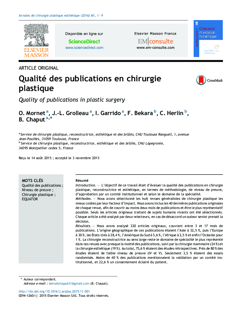 Qualité des publications en chirurgie plastique