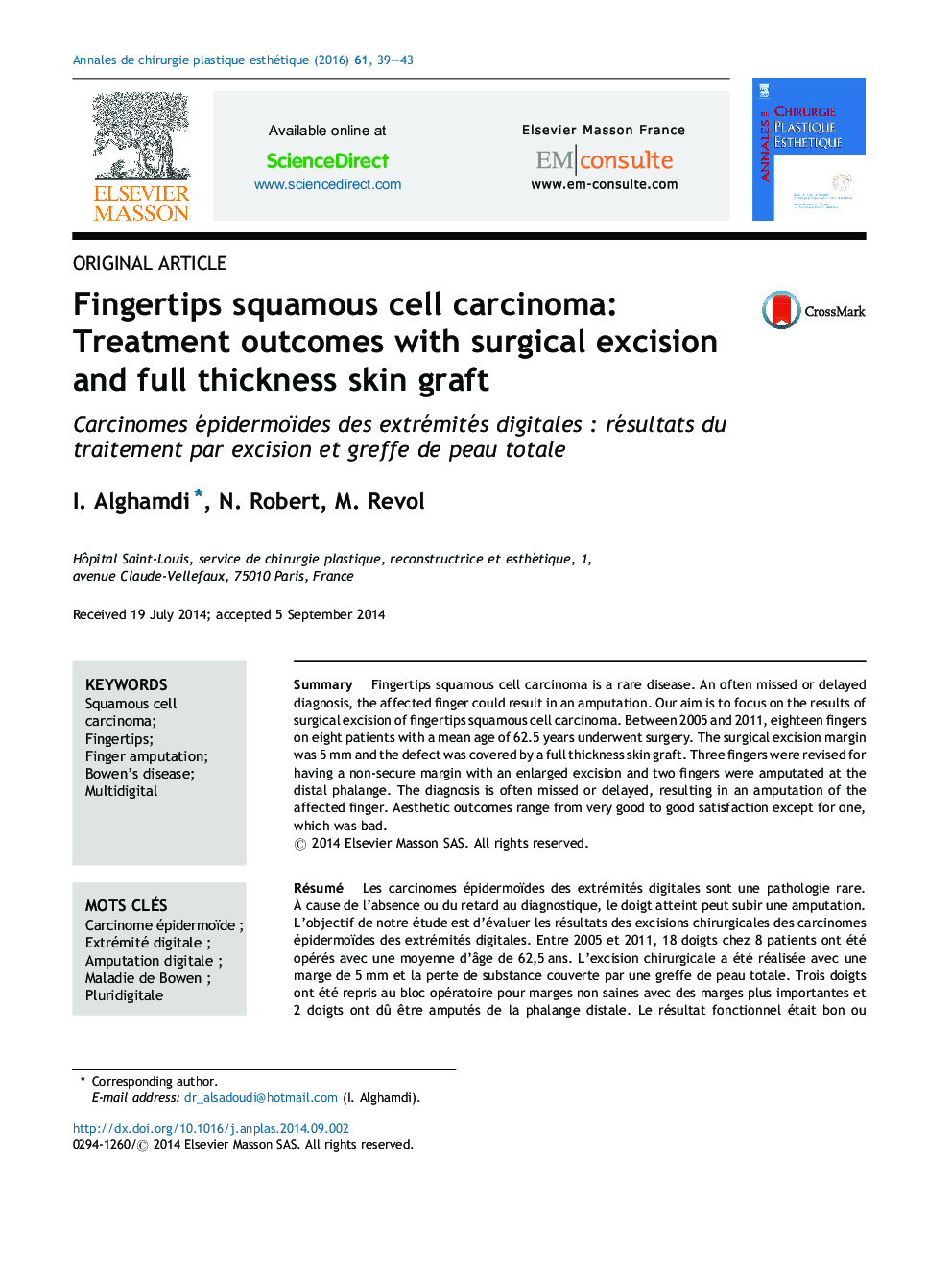 Fingertips squamous cell carcinoma: Treatment outcomes with surgical excision and full thickness skin graft