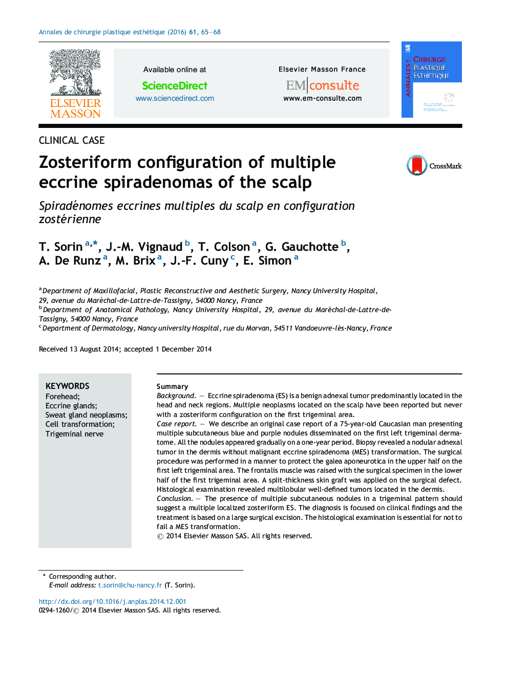 Zosteriform configuration of multiple eccrine spiradenomas of the scalp