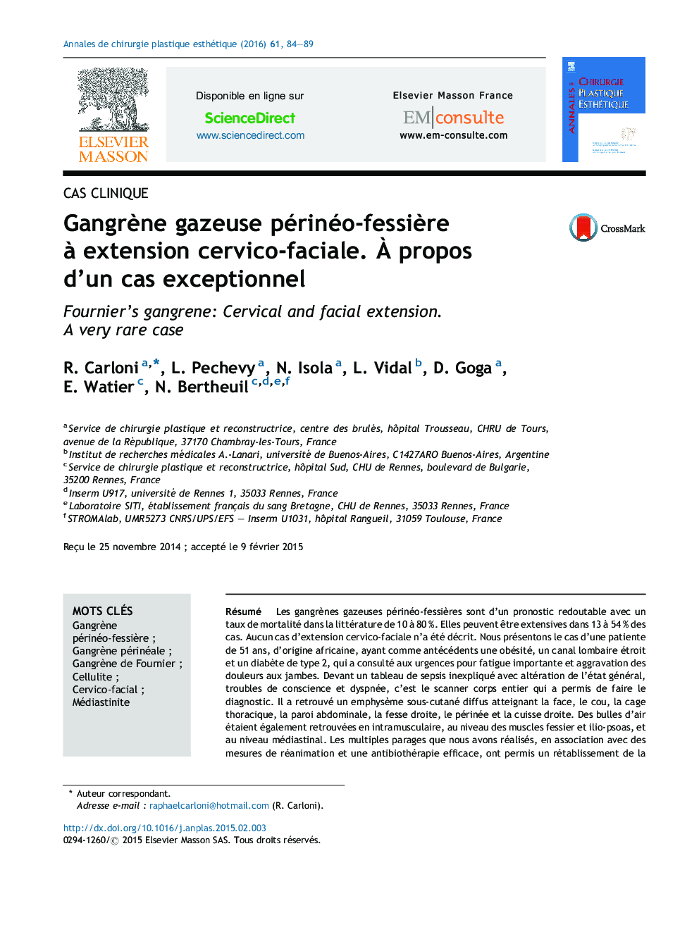 Gangrène gazeuse périnéo-fessière à extension cervico-faciale. À propos d’un cas exceptionnel