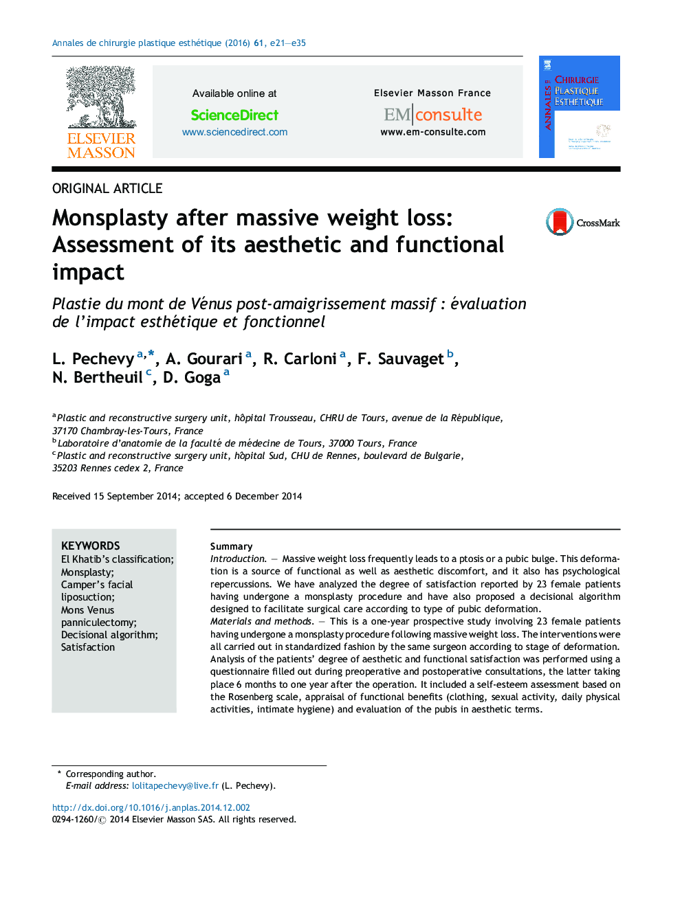 Monsplasty after massive weight loss: Assessment of its aesthetic and functional impact