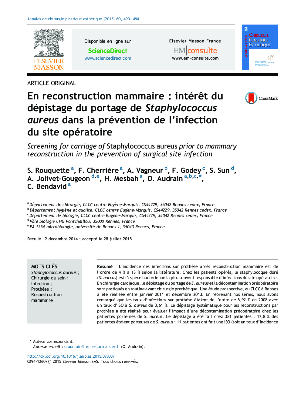 En reconstruction mammaire : intérêt du dépistage du portage de Staphylococcus aureus dans la prévention de l’infection du site opératoire