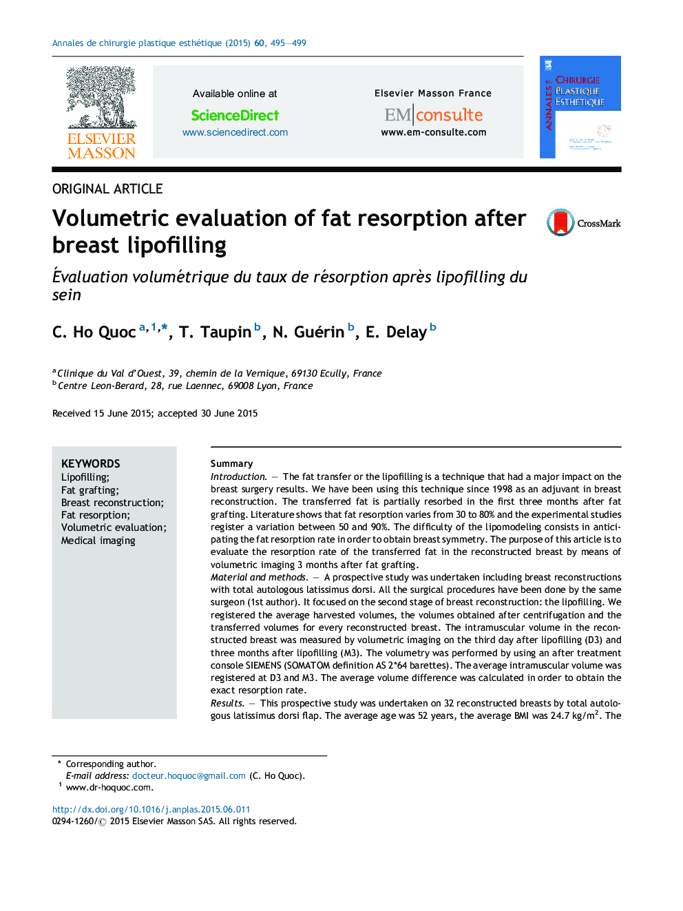 Volumetric evaluation of fat resorption after breast lipofilling