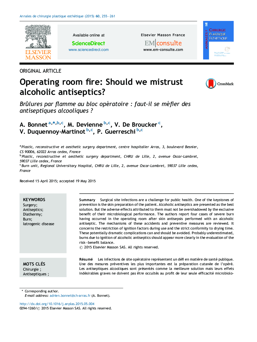 Operating room fire: Should we mistrust alcoholic antiseptics?