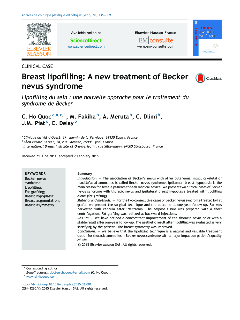 Breast lipofilling: A new treatment of Becker nevus syndrome