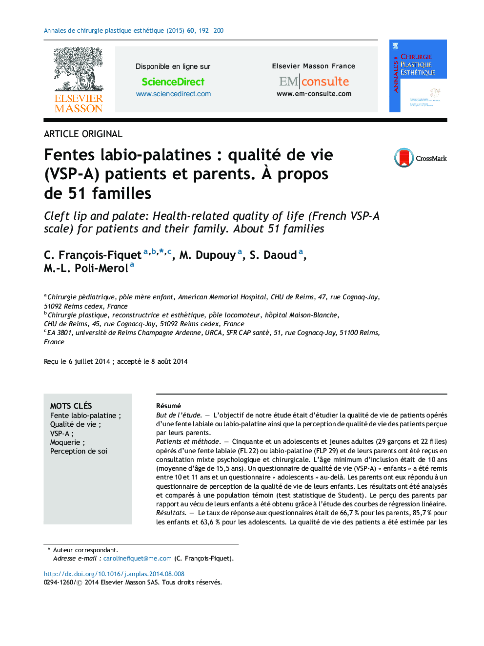 Fentes labio-palatines : qualité de vie (VSP-A) patients et parents. À propos de 51 familles