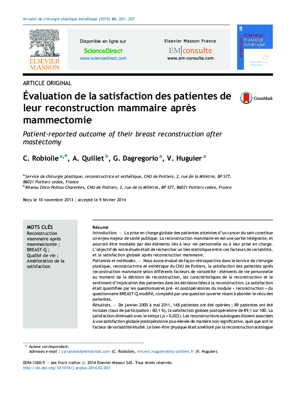 Évaluation de la satisfaction des patientes de leur reconstruction mammaire après mammectomie