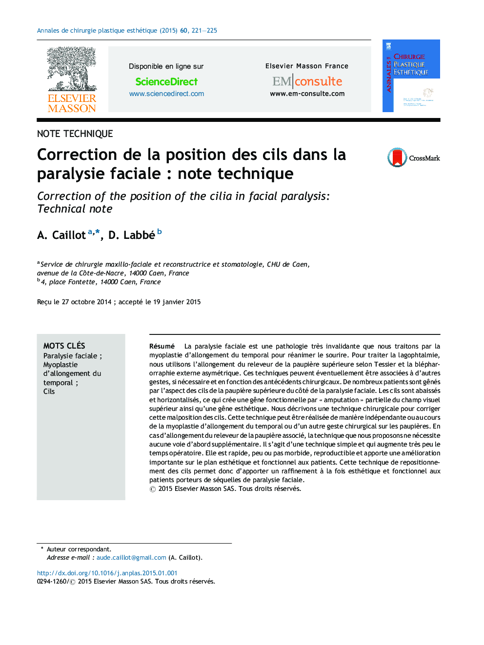 Correction de la position des cils dans la paralysie facialeÂ : note technique