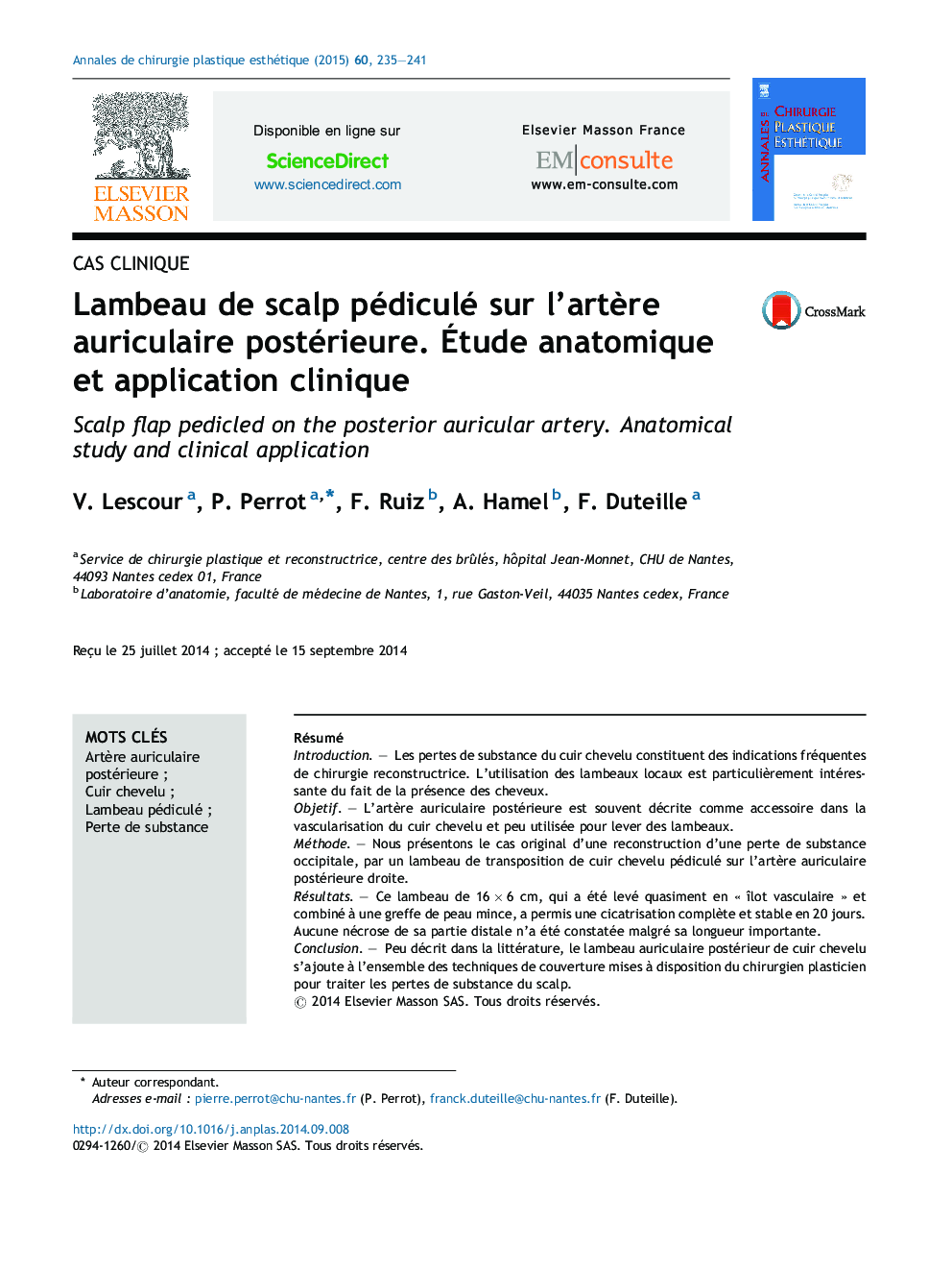 Lambeau de scalp pédiculé sur l’artère auriculaire postérieure. Étude anatomique et application clinique