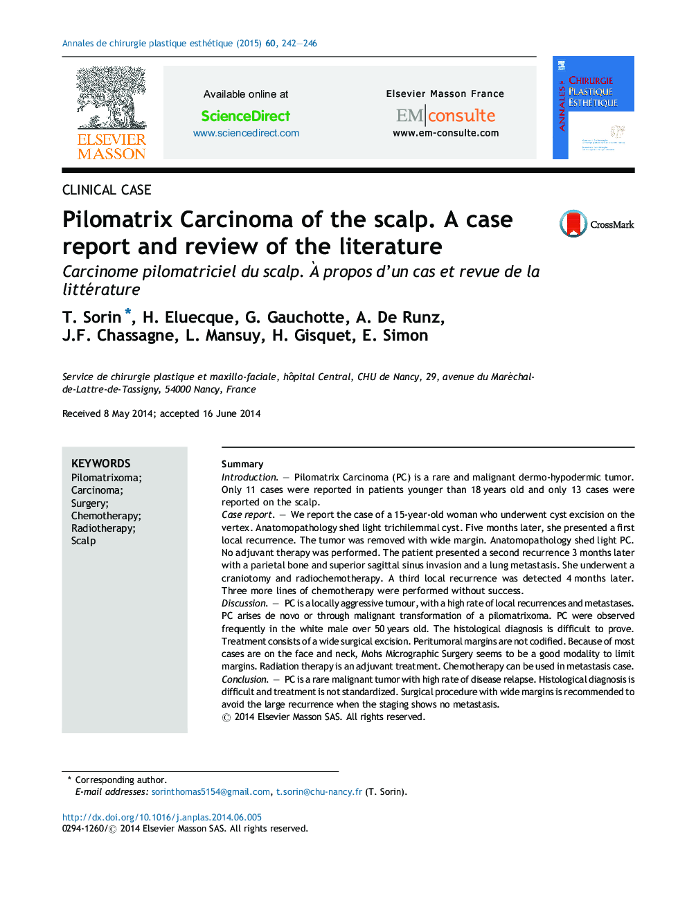 Pilomatrix Carcinoma of the scalp. A case report and review of the literature