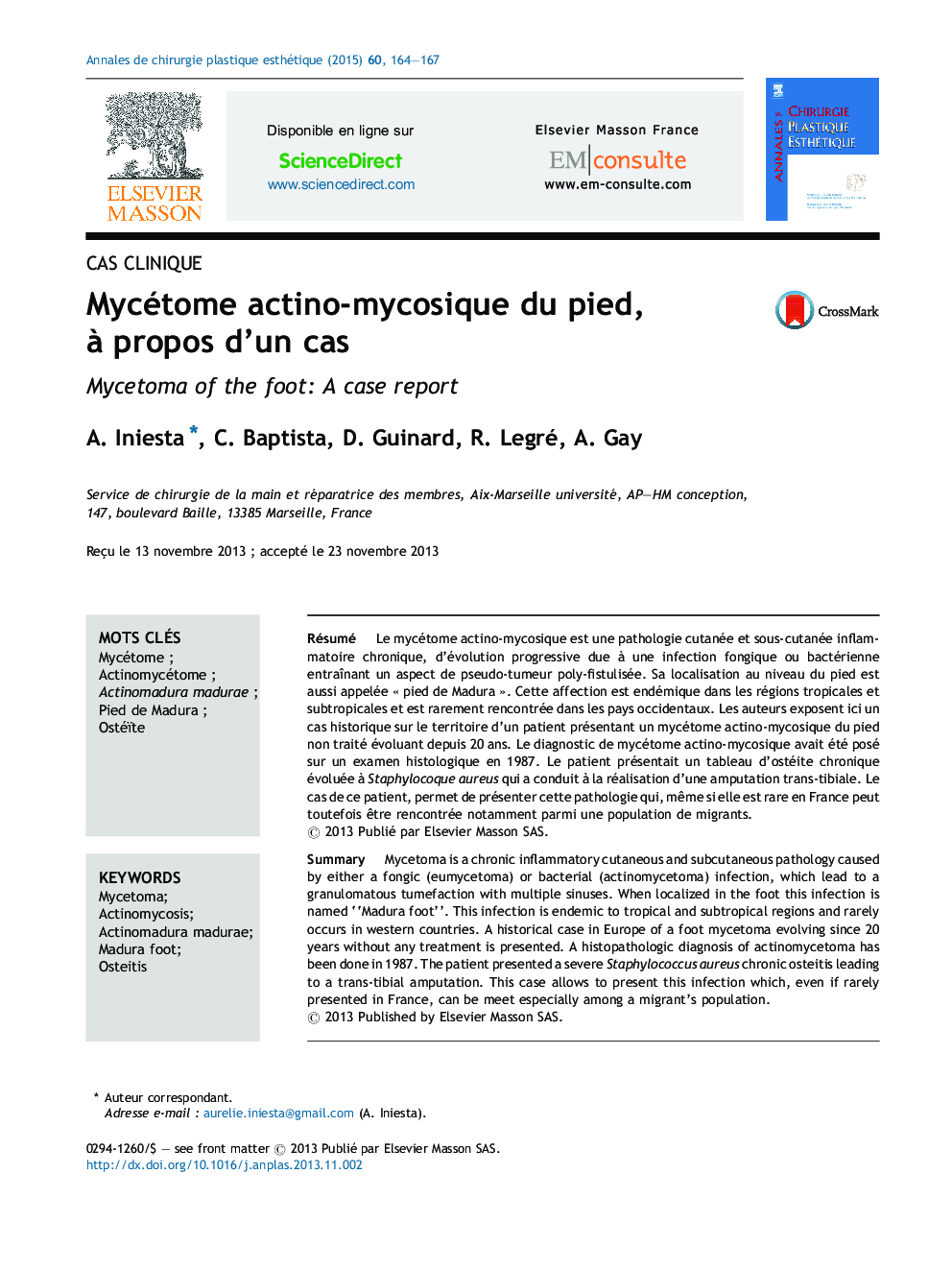 Mycétome actino-mycosique du pied, à propos d’un cas