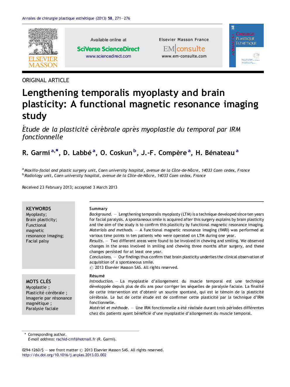 Lengthening temporalis myoplasty and brain plasticity: A functional magnetic resonance imaging study