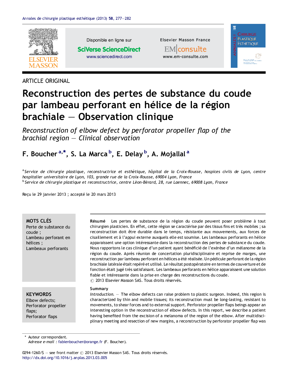 Reconstruction des pertes de substance du coude par lambeau perforant en hélice de la région brachiale – Observation clinique