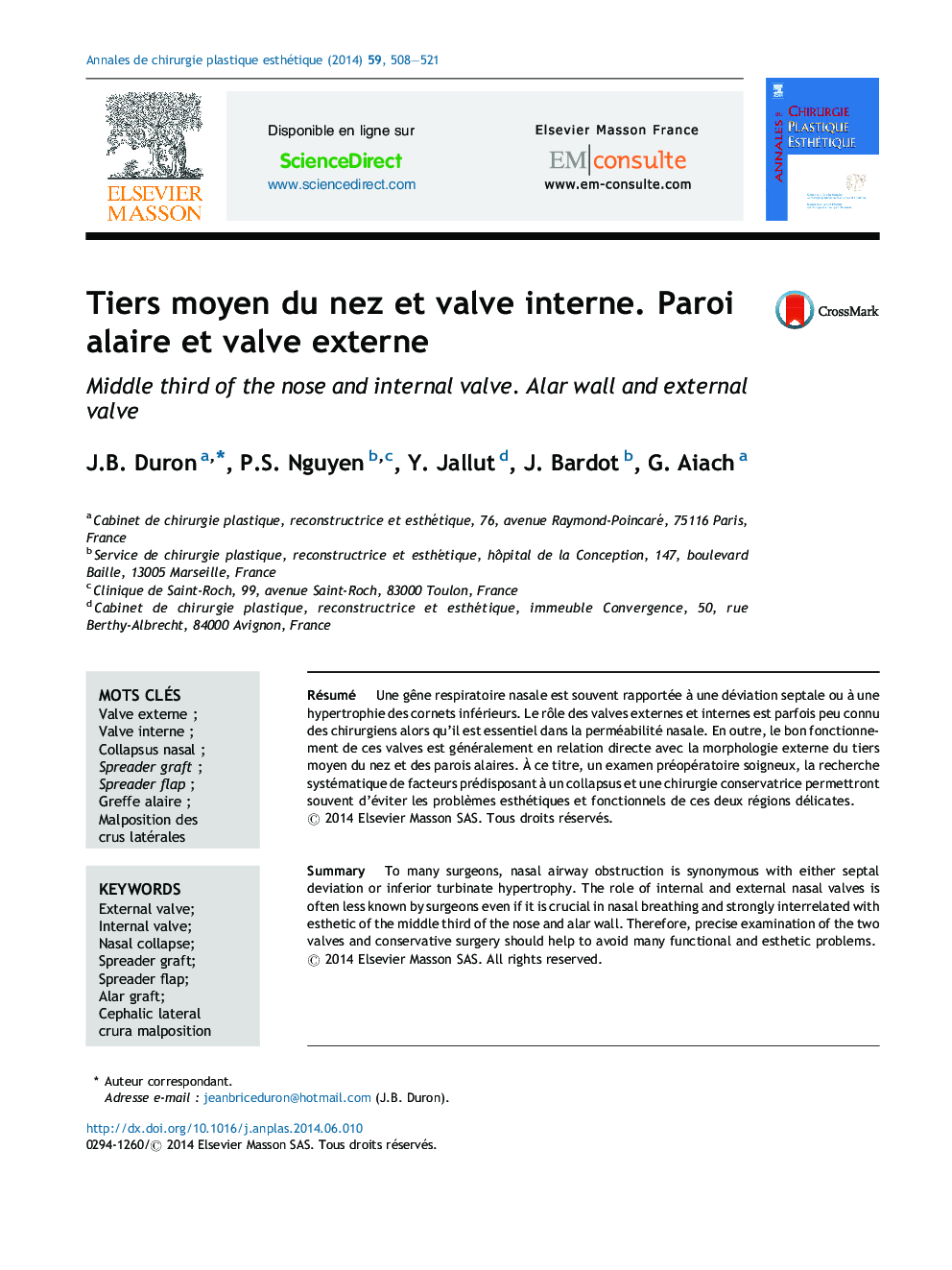 Tiers moyen du nez et valve interne. Paroi alaire et valve externe