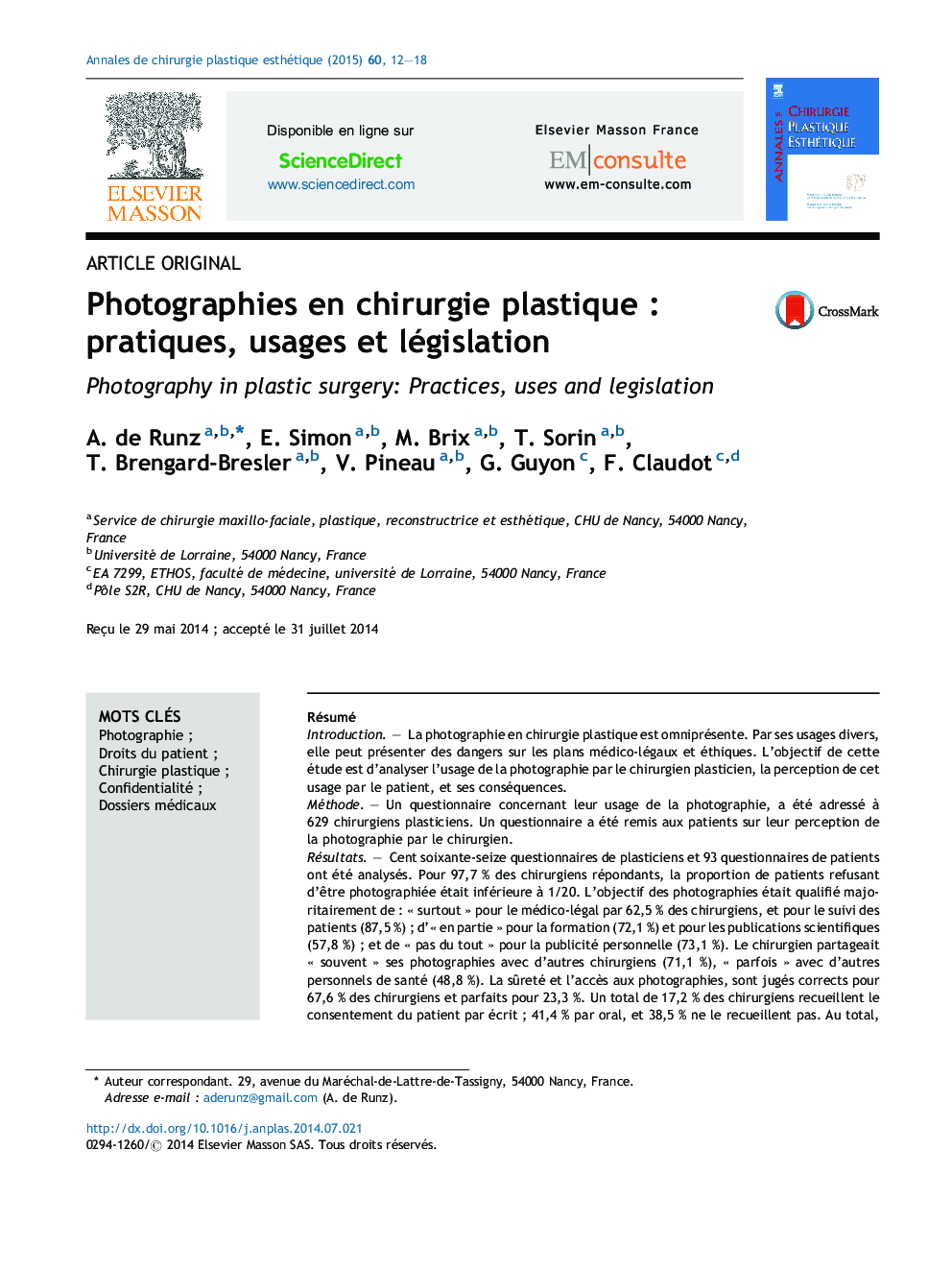 Photographies en chirurgie plastique : pratiques, usages et législation