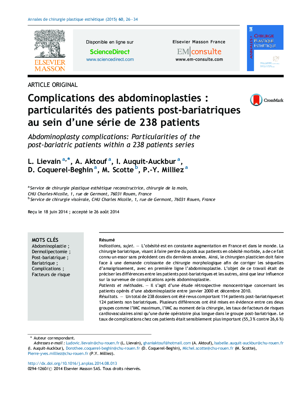 Complications des abdominoplasties : particularités des patients post-bariatriques au sein d’une série de 238 patients