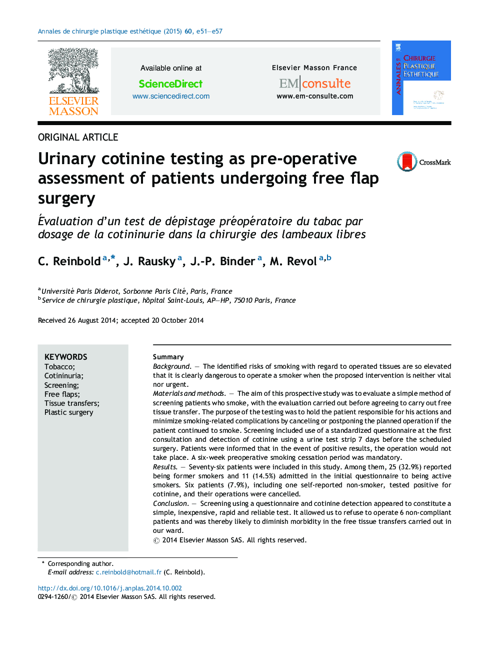 Urinary cotinine testing as pre-operative assessment of patients undergoing free flap surgery