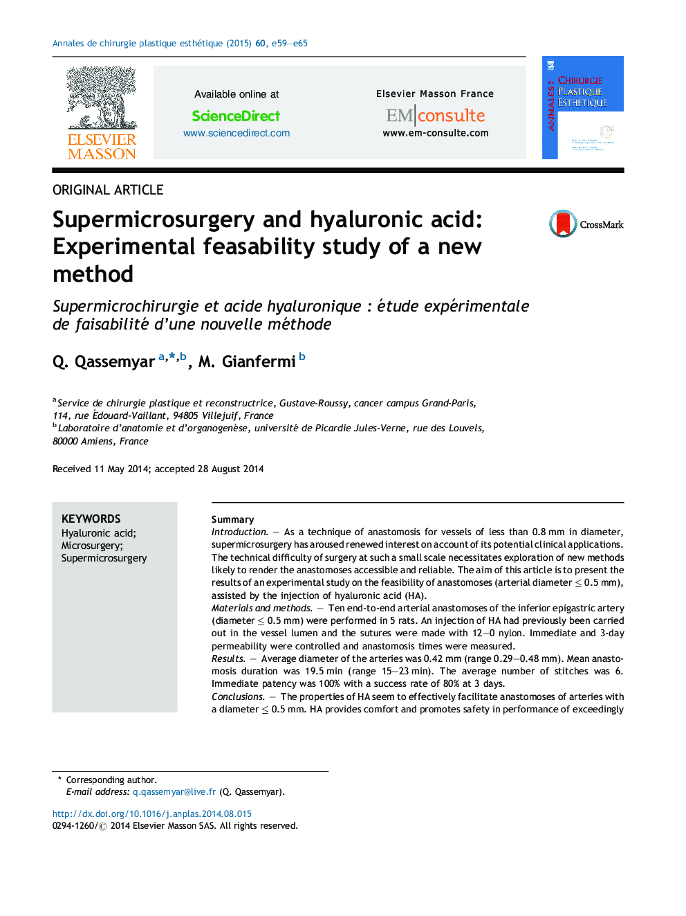 Supermicrosurgery and hyaluronic acid: Experimental feasability study of a new method