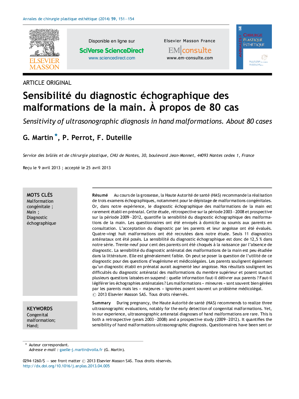 Sensibilité du diagnostic échographique des malformations de la main. À propos de 80 cas