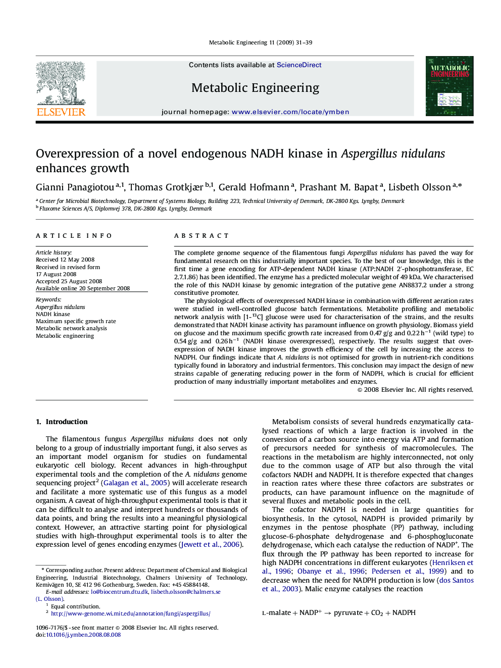 Overexpression of a novel endogenous NADH kinase in Aspergillus nidulans enhances growth